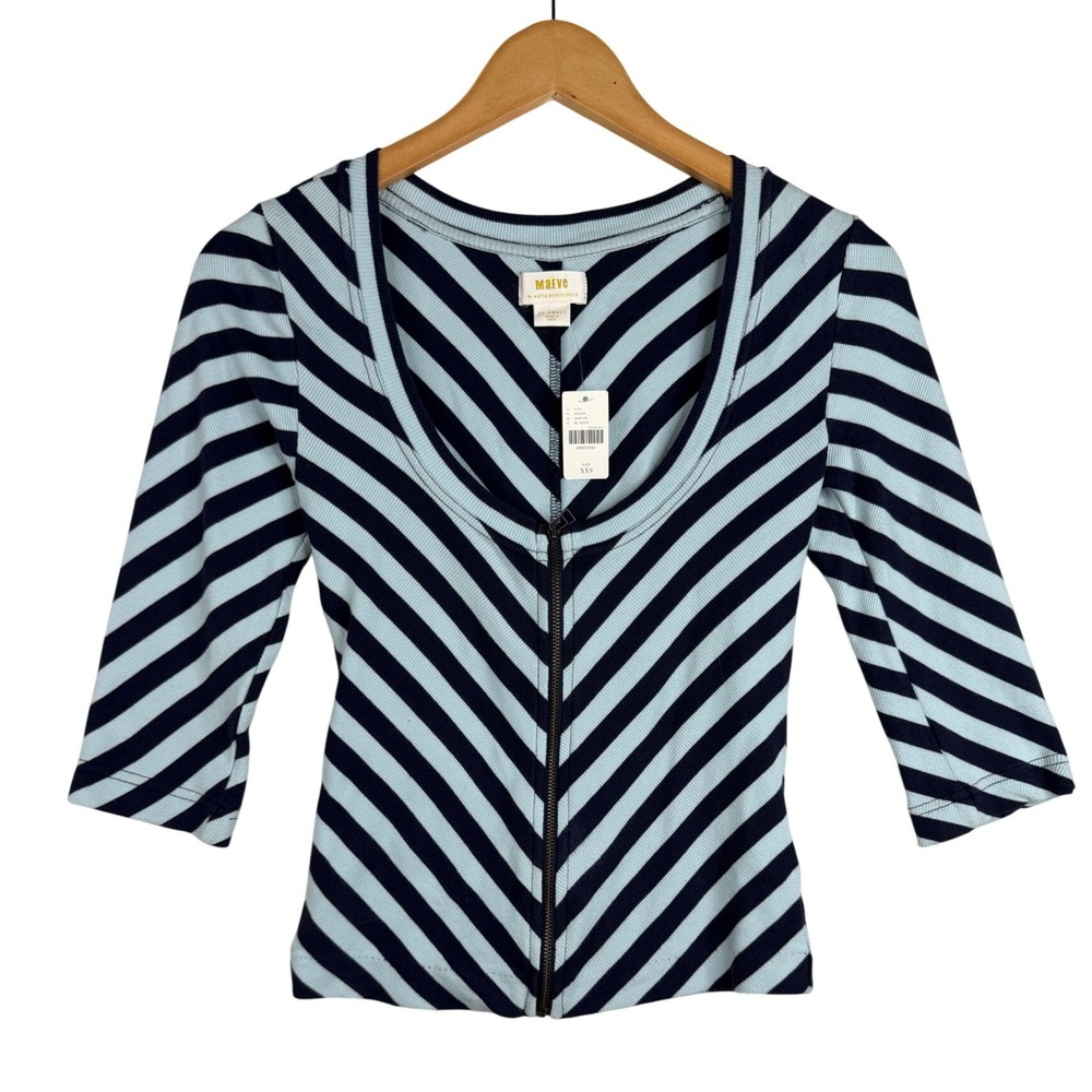 Anthropologie Maeve Front-Zip Scoop-Neck Top Blue Stripe Size XXS